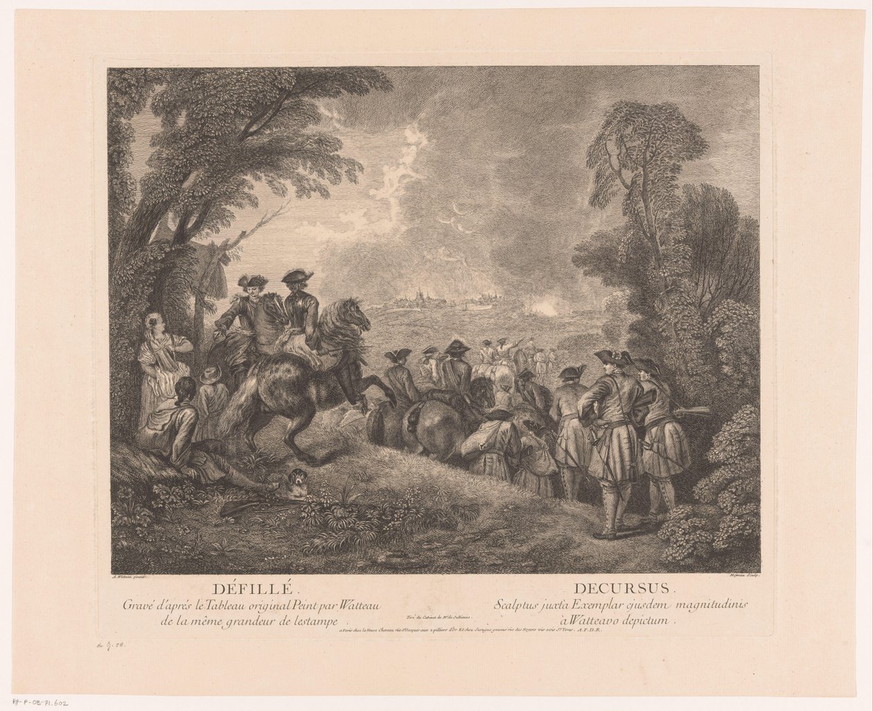 Prosesjon med soldater på vei til en by Défillé - Decursus (tittel på objekt) Verk av Antoine Watteau (serietittel) Verket til Antoine Watteau, peintre du roy en son Academie roïale de peinture et sculpture (...) (serietittel) av Jean Moyreau