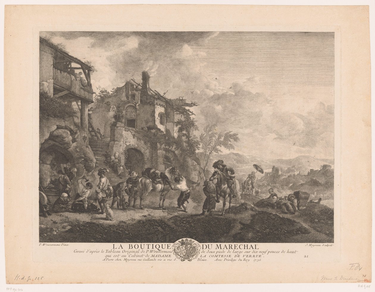 Reisende hos en smed La boutique du marechal (tittel på objekt) Trykk etter malerier av Philips Wouwerman (serietittel) Oeuvres de Ph.pe Wouwermans Hollandois (serietittel) av Jean Moyreau