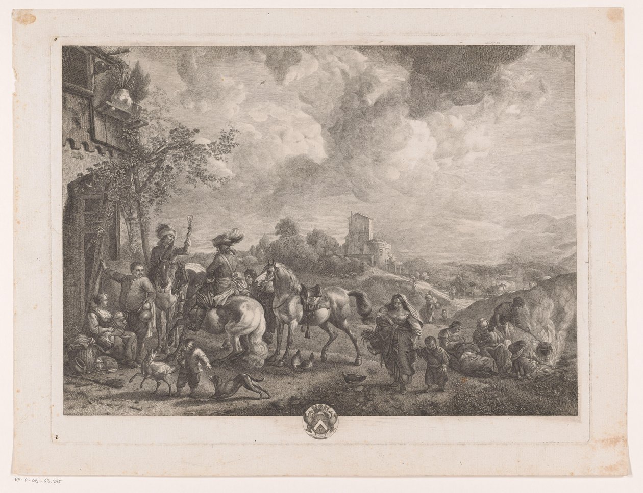 Reisende for et vertshus Les Bohemians Trykk etter malerier av Philips Wouwerman (serietittel) Oeuvres de Ph.pe Wouwermans Hollandois (serietittel) av Jean Moyreau