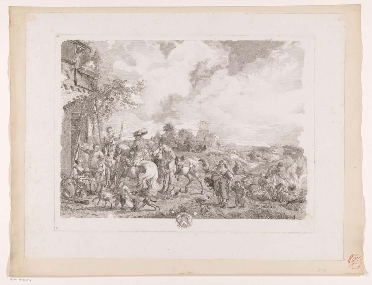 Reisende for et vertshus Les Bohemians Trykk etter malerier av Philips Wouwerman (serietittel) Oeuvres de Ph.pe Wouwermans Hollandois (serietittel) av Jean Moyreau