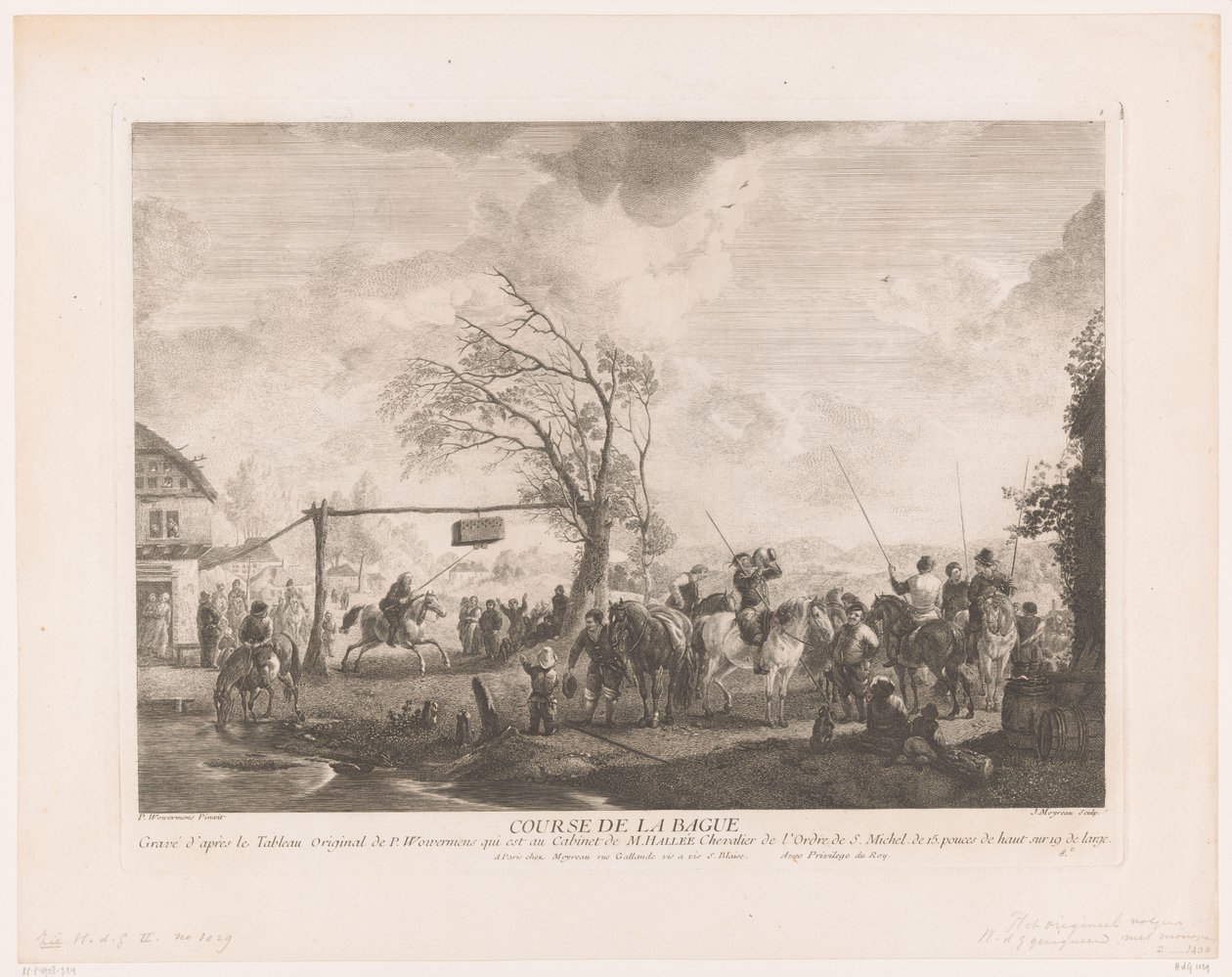 Ringeskilt på en bygdekro Cours de la bague (tittel på objekt) Trykk etter malerier av Philips Wouwerman (serietittel) Oeuvres de Ph.pe Wouwermans Hollandois (serietittel) av Jean Moyreau