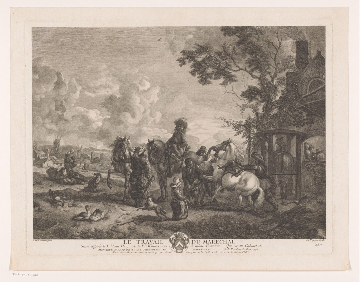Ryttere hos en hovslager Le Travail du Marechal (tittel på objekt) Trykk etter malerier av Philips Wouwerman (serietittel) Oeuvres de Ph.pe Wouwermans Hollandois (serietittel) av Jean Moyreau