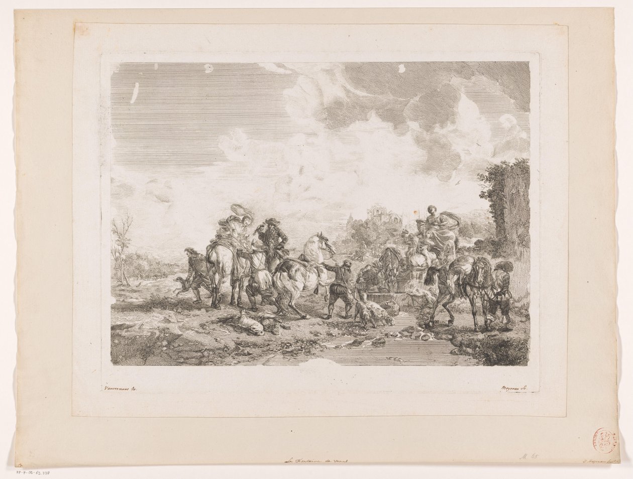Hvilende jaktfest ved en fontene La Fontaine de Venus Trykk etter malerier av Philips Wouwerman (serietittel) Oeuvres de Ph.pe Wouwermans Hollandois (serietittel) av Jean Moyreau