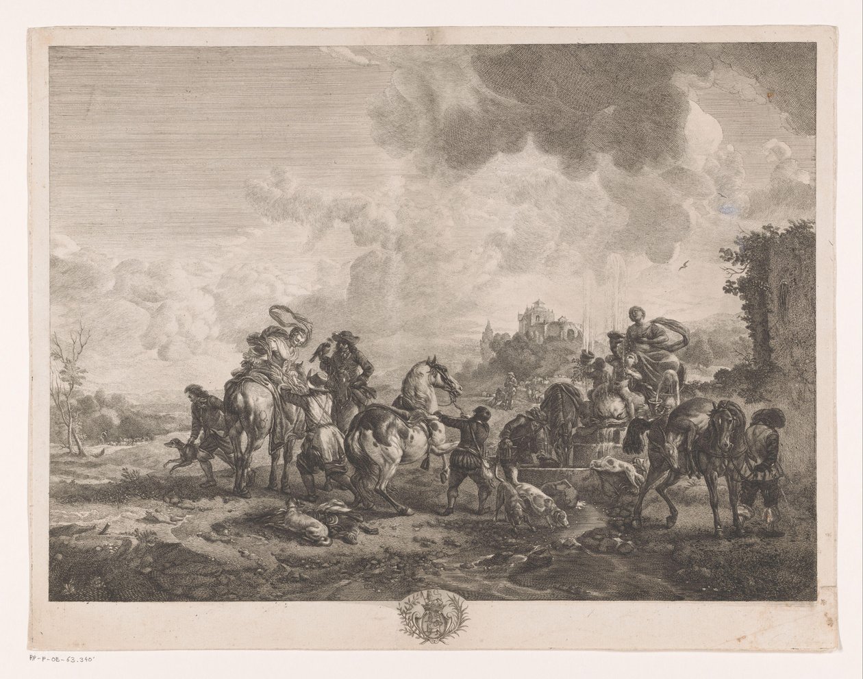 Hvilende jaktfest ved en fontene La Fontaine de Venus Trykk etter malerier av Philips Wouwerman (serietittel) Oeuvres de Ph.pe Wouwermans Hollandois (serietittel) av Jean Moyreau
