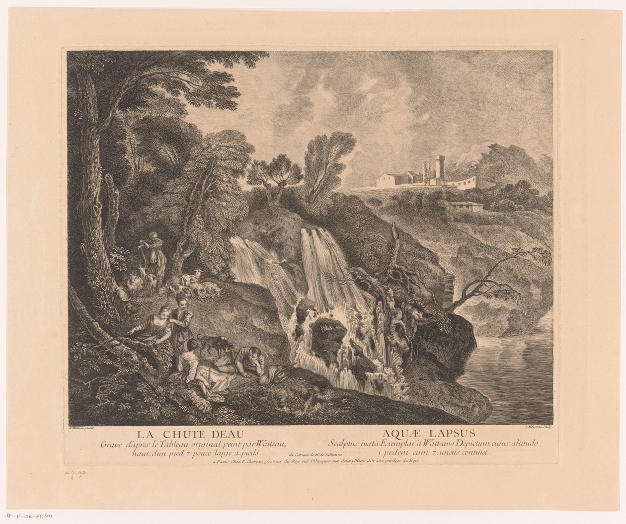 Rustende figurer ved en vannval Fossen - Aquae Lapsus (tittel på objekt) Verk av Antoine Watteau (serietittel) Verket til Antoine Watteau, maler for kongen i hans Royal Academy of Painting and Sculpture (...) (serietittel) av Jean Moyreau