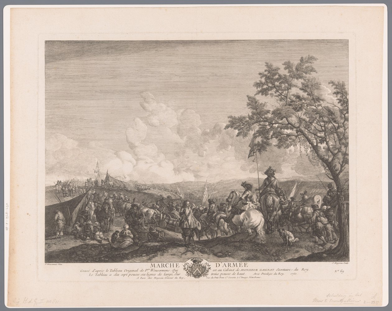 Soldater og kapteiner i en hærleir Marche d'Armée (tittel på objekt) Trykk etter malerier av Philips Wouwerman (serietittel) Oeuvres de Ph.pe Wouwermans Hollandois (serietittel) av Jean Moyreau