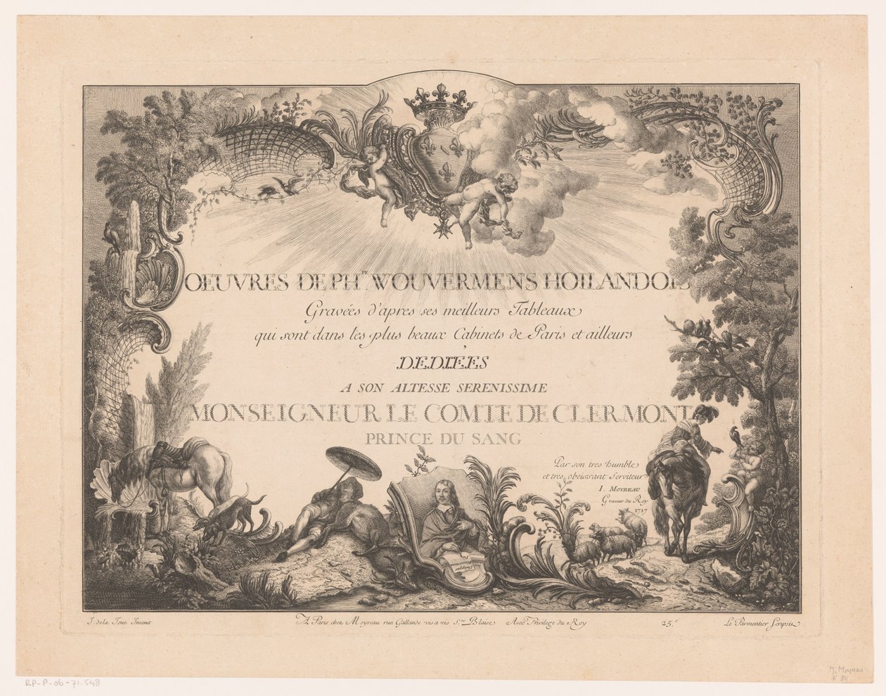 Titteltrykk med figurer og dyr i et landskap, med portrettet av Philips Wouwerman Trykk etter malerier av Philips Wouwerman (serietittel) Oeuvres de Ph.pe Wouwermans Hollandois (serietittel på objekt) av Jean Moyreau