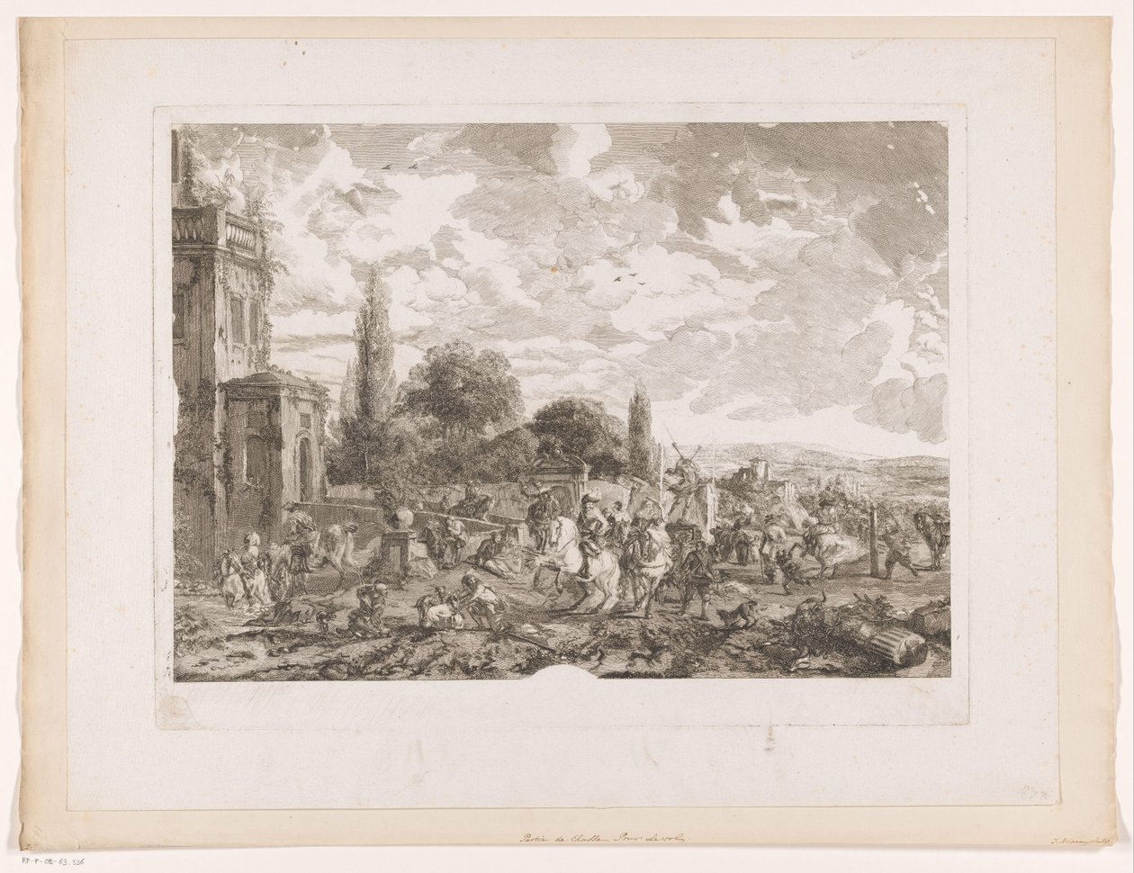 Avreist jaktlag for et hus Partie de Chasse pour le Vol Trykk etter malerier av Philips Wouwerman (serietittel) Oeuvres de Ph.pe Wouwermans Hollandois (serietittel) av Jean Moyreau