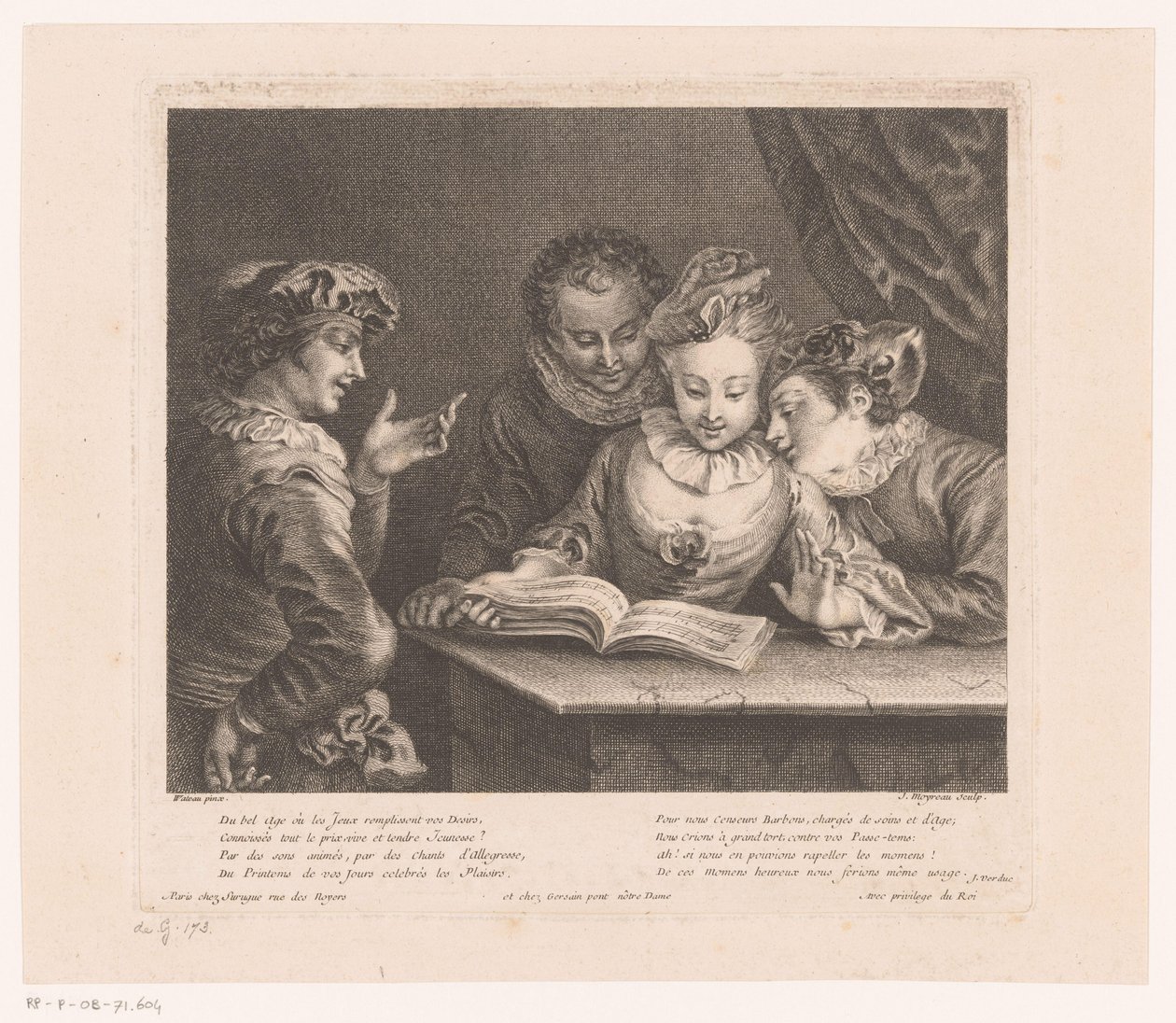 Ung kvinne synger og tre unge menn ved et bord Oeuvre av Antoine Watteau (serietittel) L