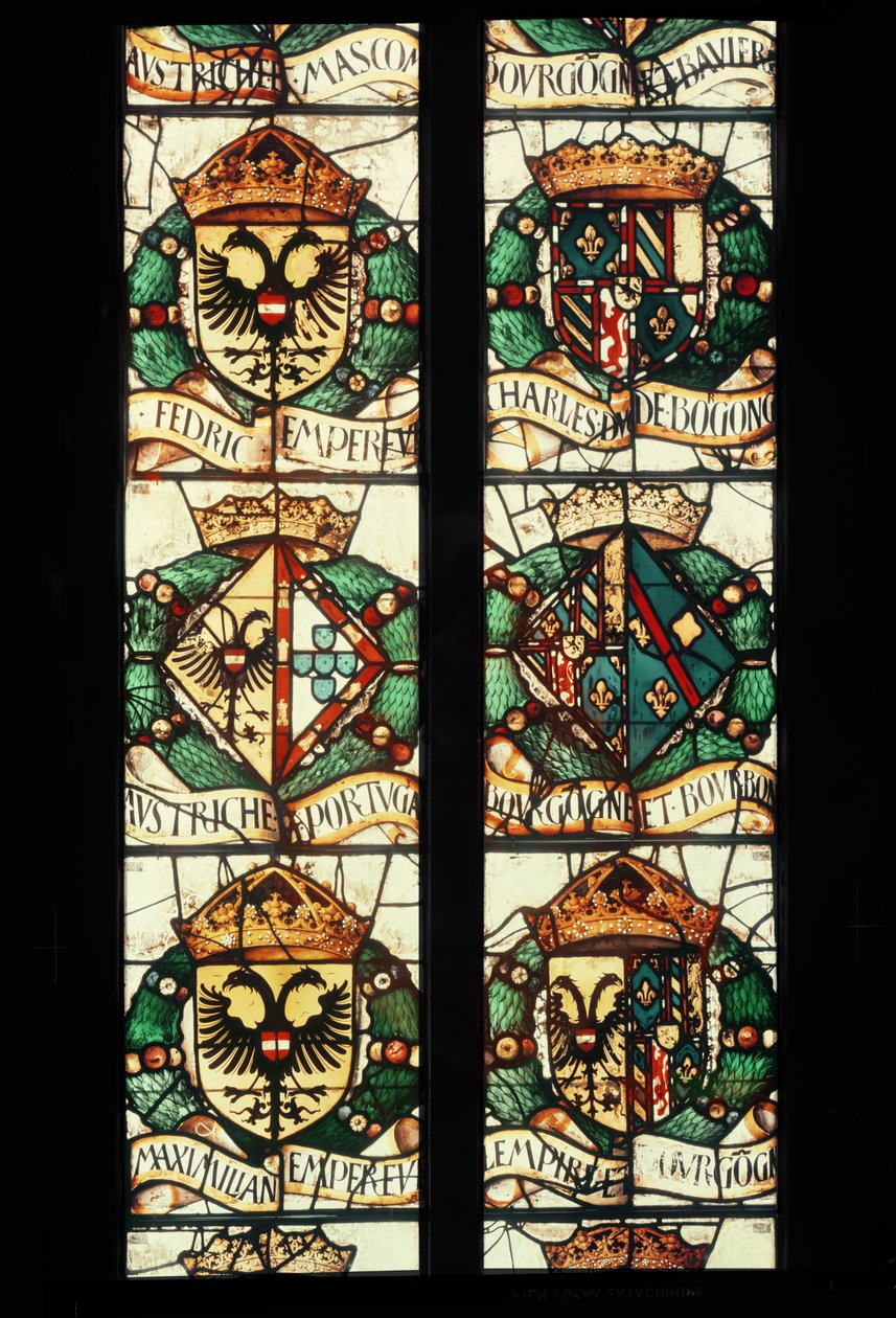 Heraldiske våpenskjold fra kongefamiliene i Østerrike, Tyskland, Frankrike og Portugal knyttet til giveren, Margaret av Østerrike, 1527-29 av Jean Orquois Antoine Noisin