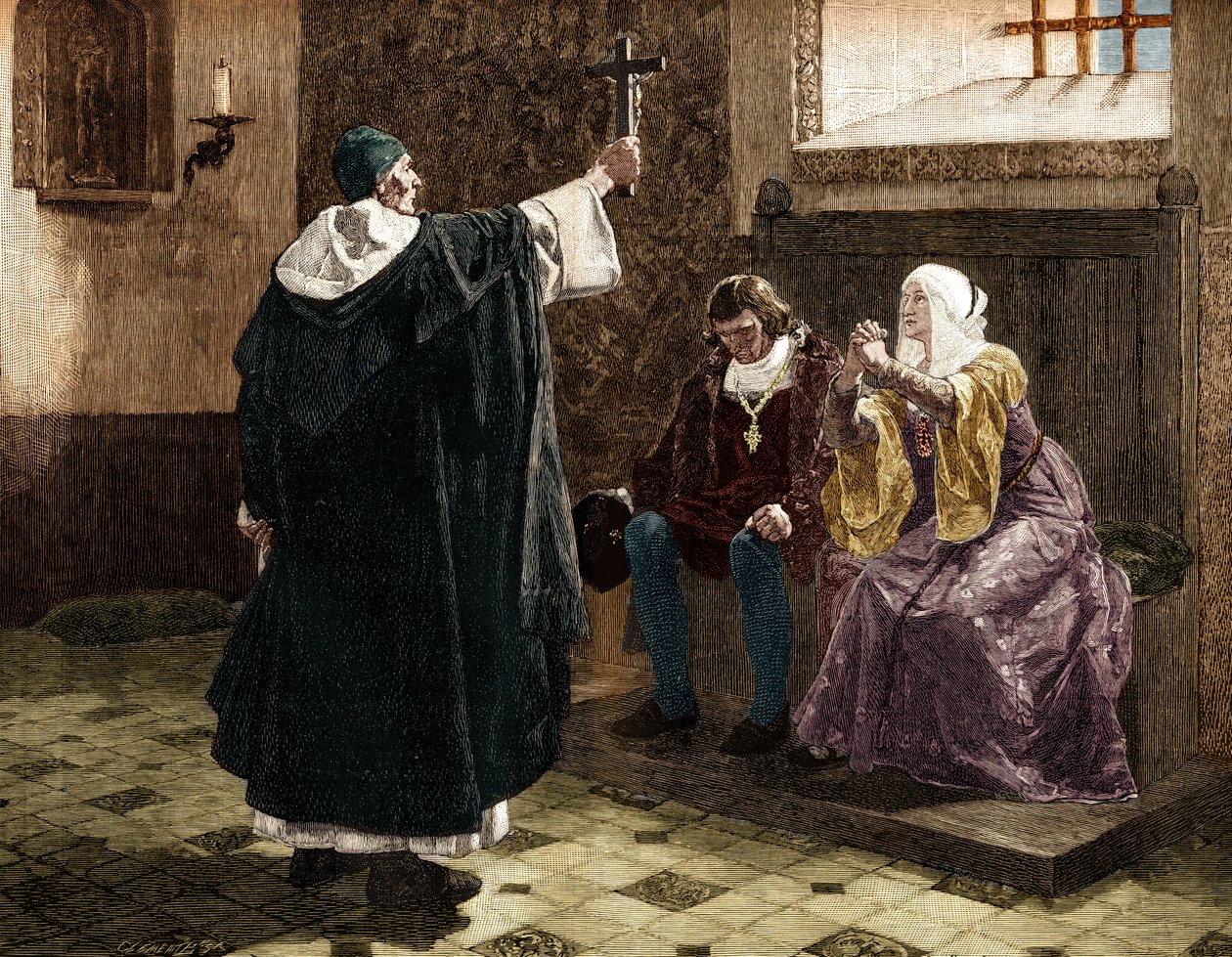 Den store spanske inkvisitoren, Fray Tomas de Torquemada (1420-1498), blant de katolske kongene Ferdinand II og Isabella 1. av Castilla av Jean Paul (after) Laurens