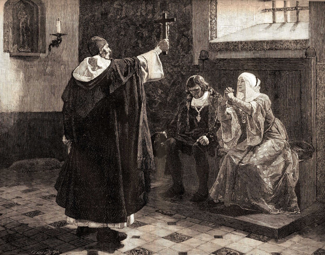 Den store spanske inkvisitoren, Fray Tomas de Torquemada (1420-1498), blant de katolske kongene Ferdinand II av Aragon og Isabella av Castilla av Jean Paul (after) Laurens