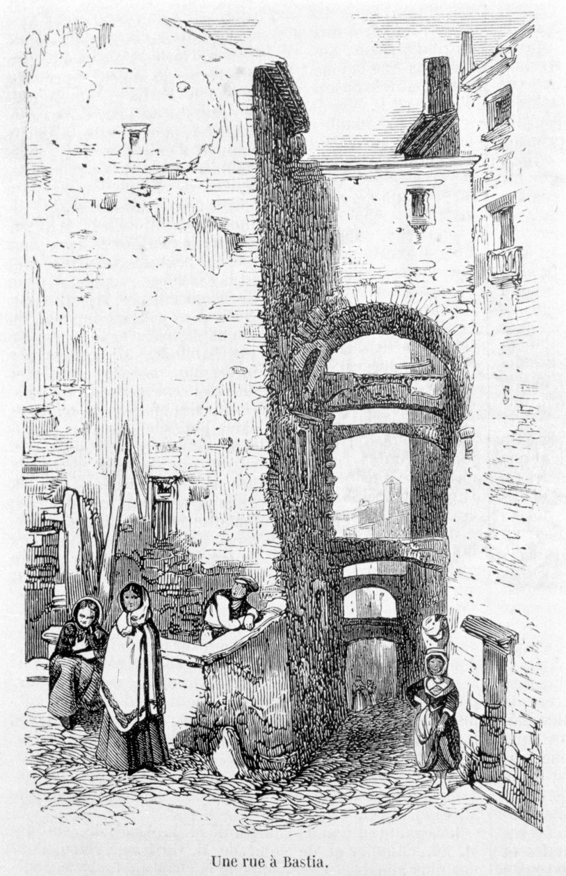 På rue de Bastia. Korsika. Gravering av Laurens. av Jean Paul Laurens