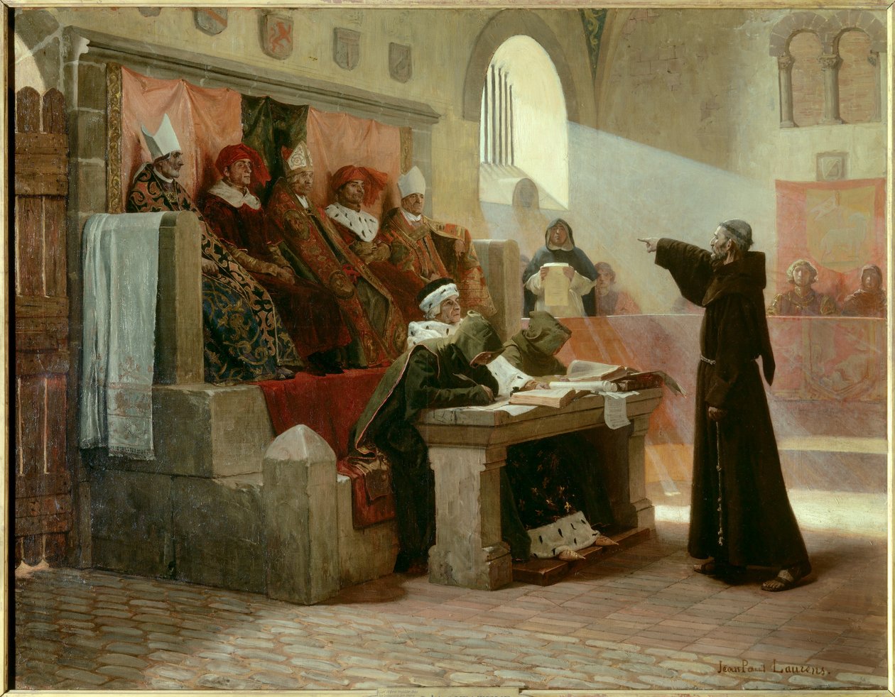 Albigeoise Inquisition: "Agitatoren til Languedoc Bernard Delicieux (1260-1318), fransiskanermunk under rettssaken hans." Dommens scene: på første rad i sentrum, vendt mot Bernard Delicieux, er den store inkvisitoren omgitt av to religiøse, bak av Jean Paul Laurens