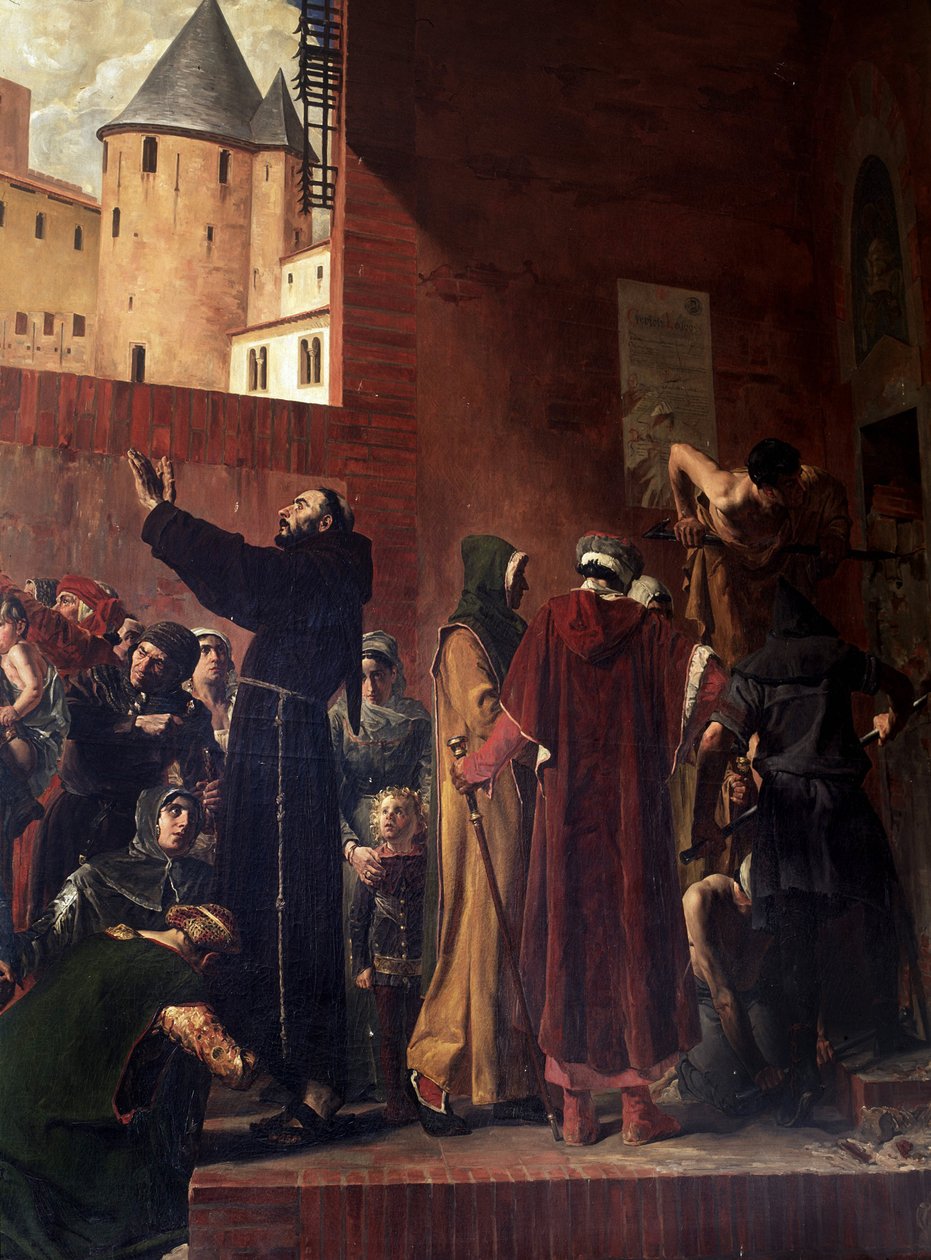 Delivrance des embmures de Carcassonne I august 1303 kommer folket i Carcassonne og Albi for å rive ut fra inkvisisjonsfangerne de mange fangene de inneholdt - Bernard Delicieux prøver å holde tilbake folkemengden som talene hans underholdt - Reformen av Jean Paul Laurens
