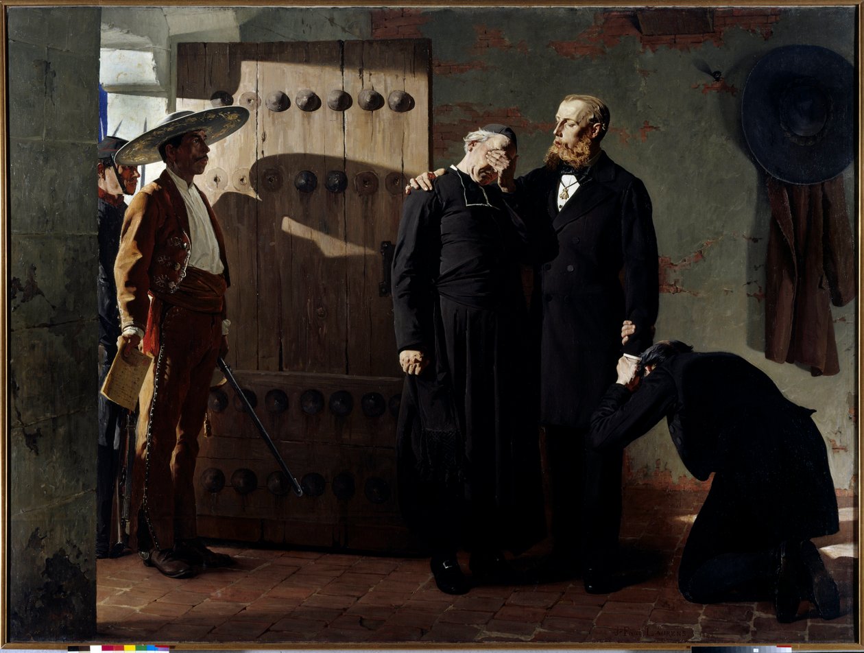 Keiser Maximilian I (1832-1867) av Mexico før han ble henrettet 19. juni 1867 Kongen trøstet en prest før han forlot fengselet. Maleri av Jean Paul Laurens (1838-1921) 1882 Saint Petersburg. Eremitasjens museum. av Jean Paul Laurens