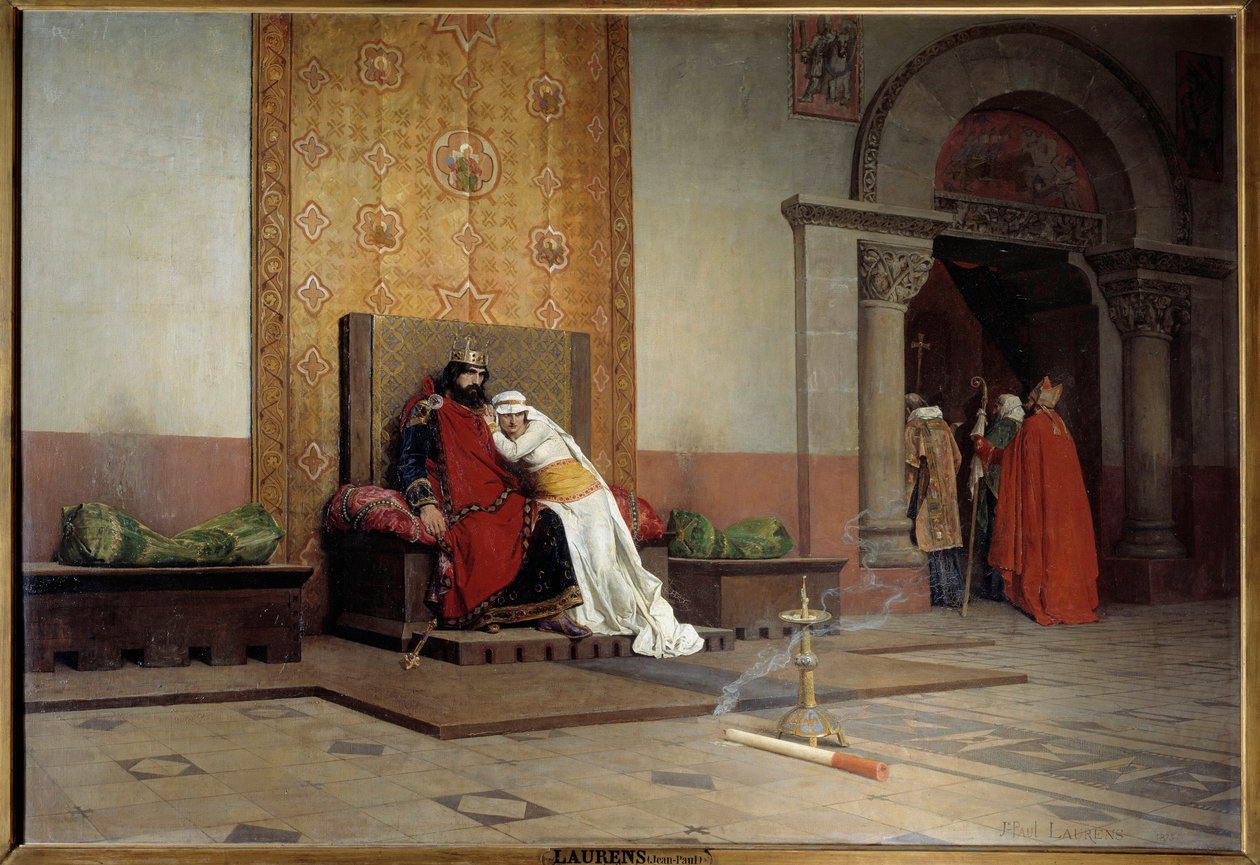 Ekskommunikasjon av Robert II den fromme i 998. Kongen av Frankrike, sønn av Hugues Capet, forelsker seg og gifter seg med sin kusine Berthe av Bourgogne til tross for at pave Gregoire V har blitt fordømt, som også ekskommuniserer ham. Maleri av Jean Paul  av Jean Paul Laurens
