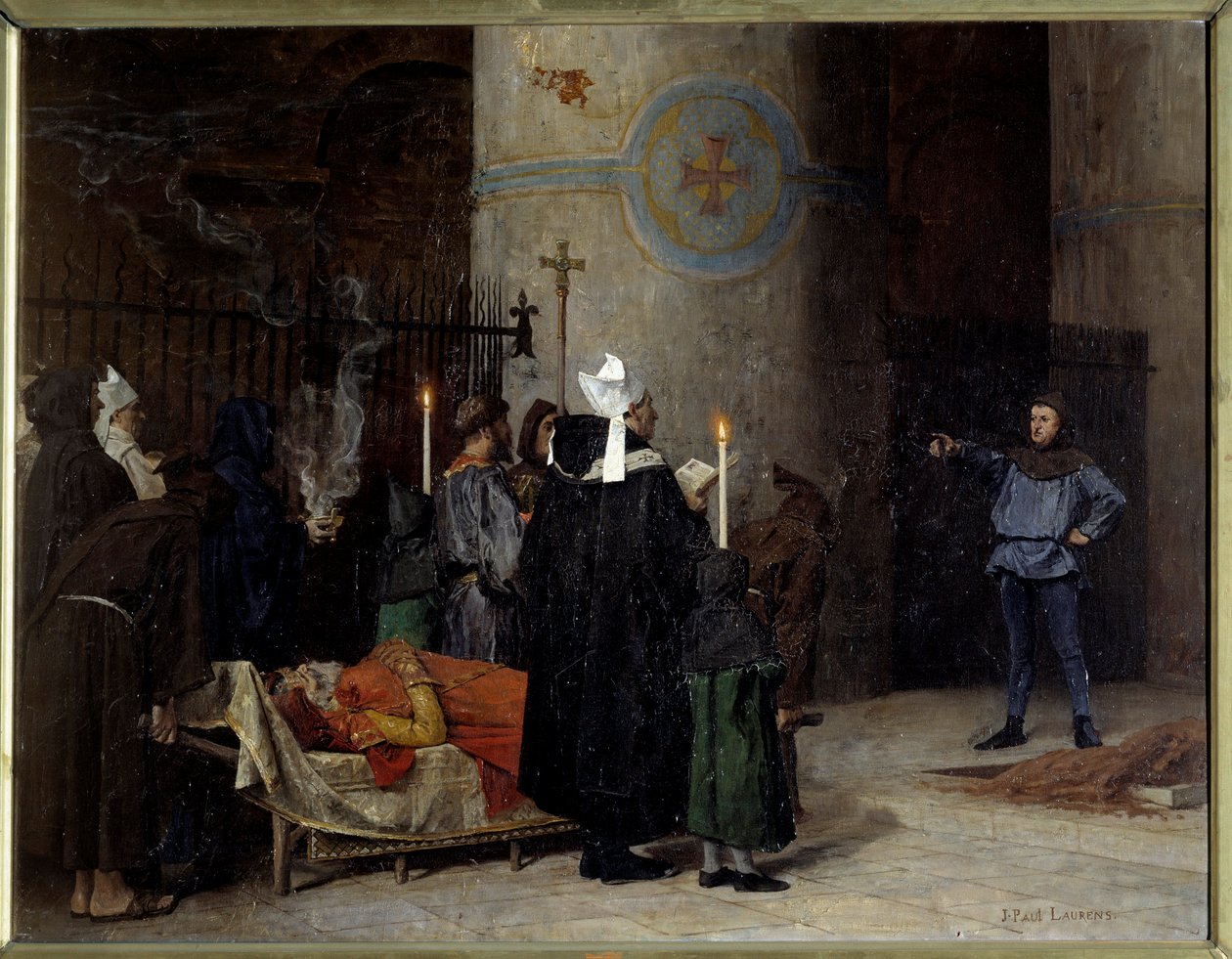 Begravelse til Vilhelm Erobreren (1027-1087), konge av England fra 1066 til 1087 (1087), i Abbey aux Hommes (Abbey-au-Hommes) i Caen. En mann ved navn Asselin avbryter seremonien. Maleri av Jean Paul Laurens (1838-1921) av Jean Paul Laurens