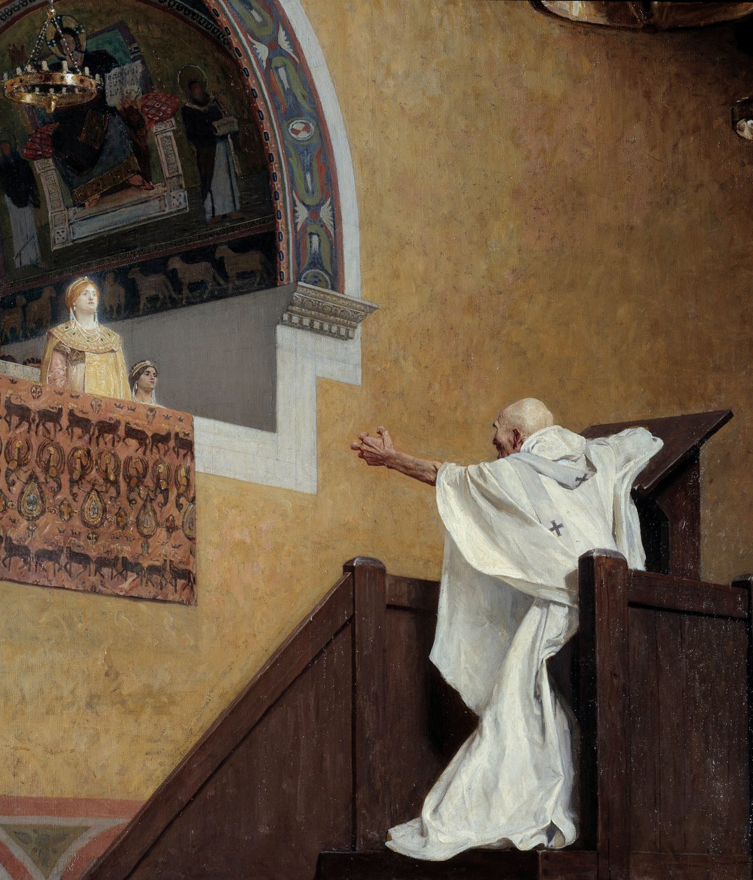 Saint John Chrysostom (349-407) og Imperatrix Eudoxia (? 404). Patriarken klandrer den vestlige impressen Eudoxia (Eudoxia Aelia) og klandrer henne for hennes luksus og kjærlighet til pomp. Detalj. Maleri av Jean Paul Laurens (1838-1921) av Jean Paul Laurens