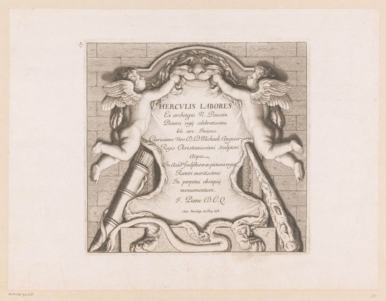 Titteltrykk med to putti og attributtene til Hercules Labours of Hercules (serietittel) Herculis Labores (serietittel på objekt) av Jean Pesne