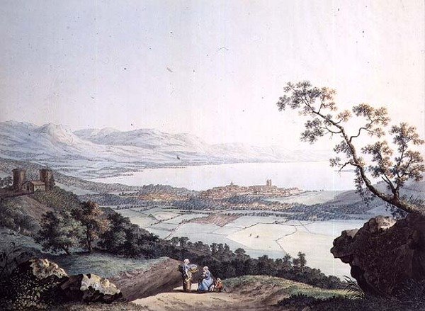 Utsikt over Genève fra Saconex i Savoy, gravert av Jean Philippe Linck II (1770-1812) og Jacob Philippe Hackert (1737-1807) (gravering) av Jean Philippe II (after) Linck