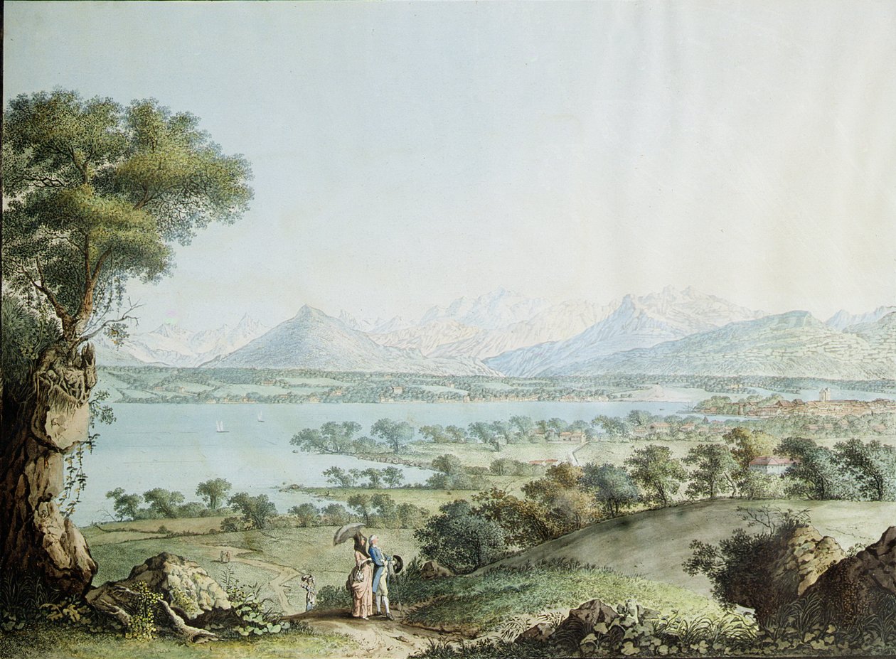 Utsikt over Mont Blanc med Genève i forgrunnen, gravert av Jean Philippe Linck II (1770-1812) og Jacob Philippe Hackert (1737-1807) av Jean Philippe II Linck