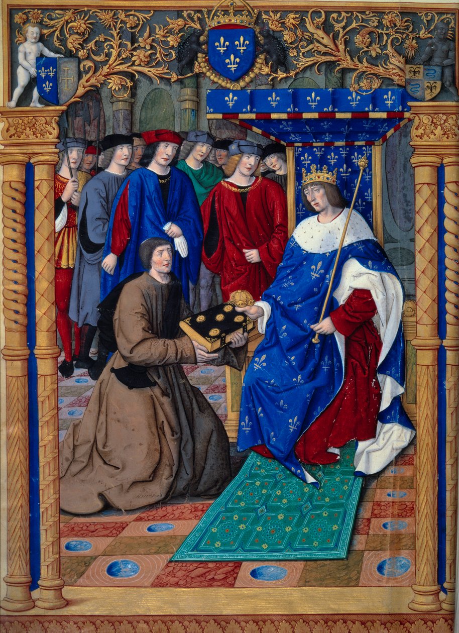 Francesco Petrarca eller Petrarch presenterer boken sin til kongen av Frankrike Ludvig XII. I miniatyr i ""Remedier mot begge formuer. De remediis utriusque fortunae"" av Petrarch (1304-1374) og opplyst av Jean Pichore rundt 1503. Paris, NL av Jean Pichore