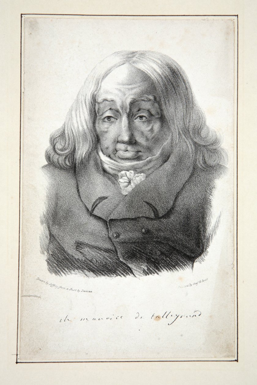 Portrett av Talleyrand, 79 år, pub.1835 (gravering) av Jean Pierre (after) Dantan