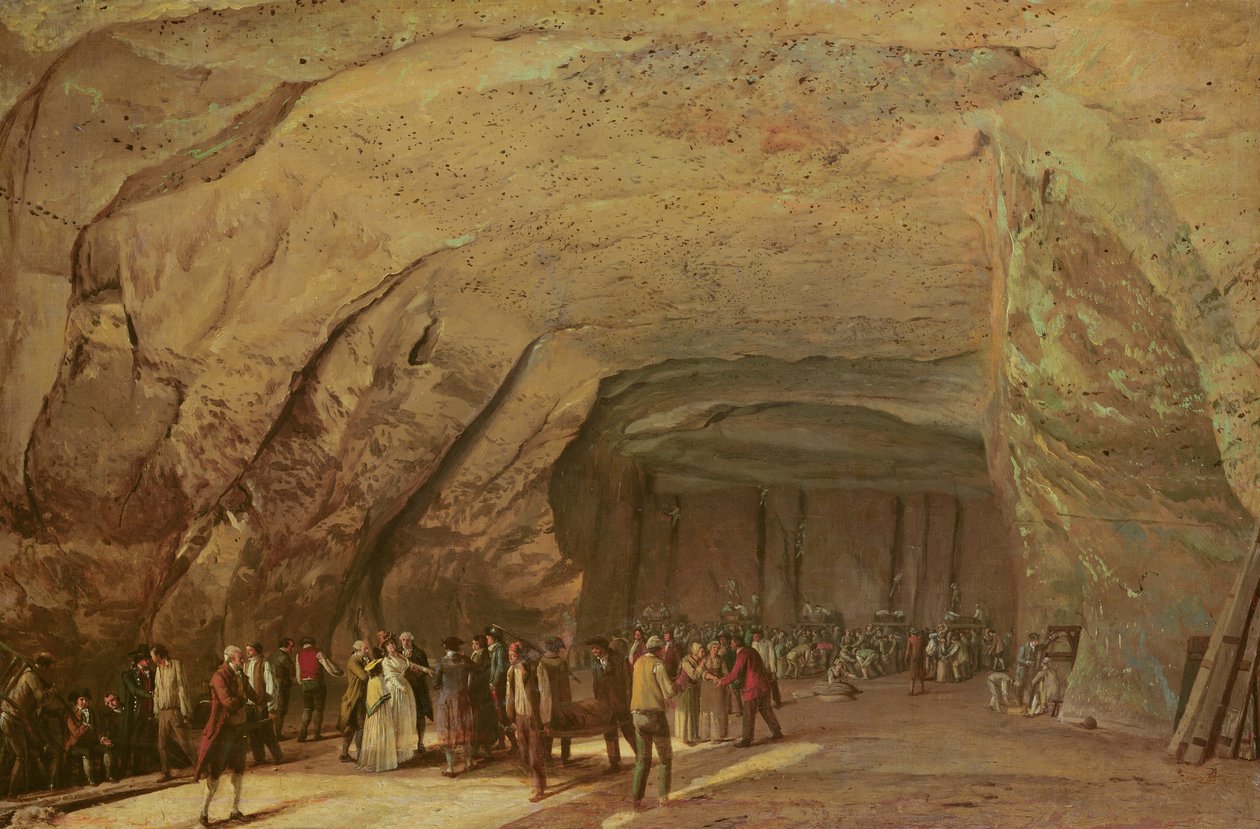 Inngang og interiør til en hule brukt som lager for salt i Dieppedalle, ca. 1798 av Jean Pierre Houel