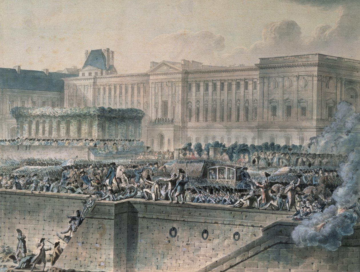Ankomsten til Louis XVI (1754-93) foran Louvre, 17. juli 1789 (wc und gouache på papir) av Jean Pierre Houel
