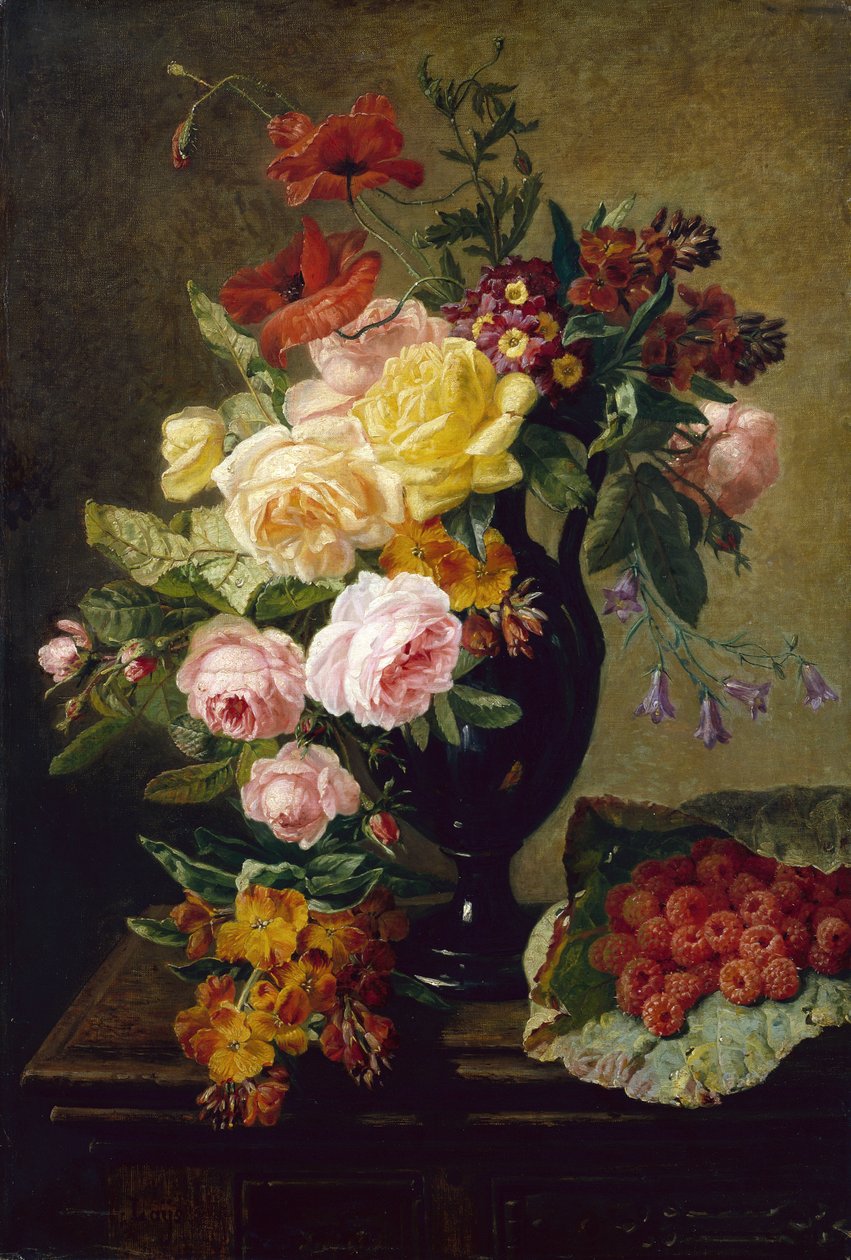 Roser, valmuer, veggblomster i en vase med bringebær (olje på lerret) av Jean Pierre Lays