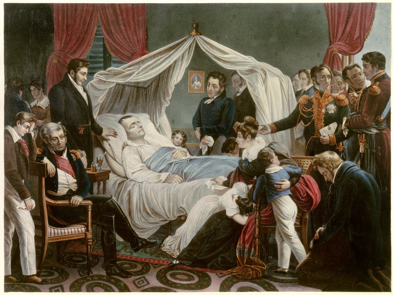 Napoleons død, 05/05/1821 ved Sainte Helene Litografi av Jean Pierre Marie Jazet (1788-1871) etter maleriet av Charles Auguste Steuben (1788-1856) Malmaison. Slottsmuseet av Jean Pierre Marie Jazet