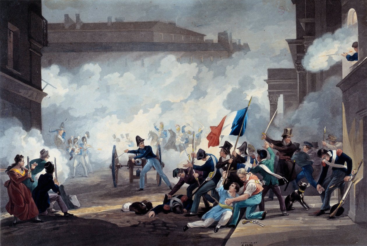Revolusjonen i 1830: En student ved Ecole Polytechnique grep et stykke kanon under erobringen av Palais-Royal 28. juli av Jean Pierre Marie Jazet