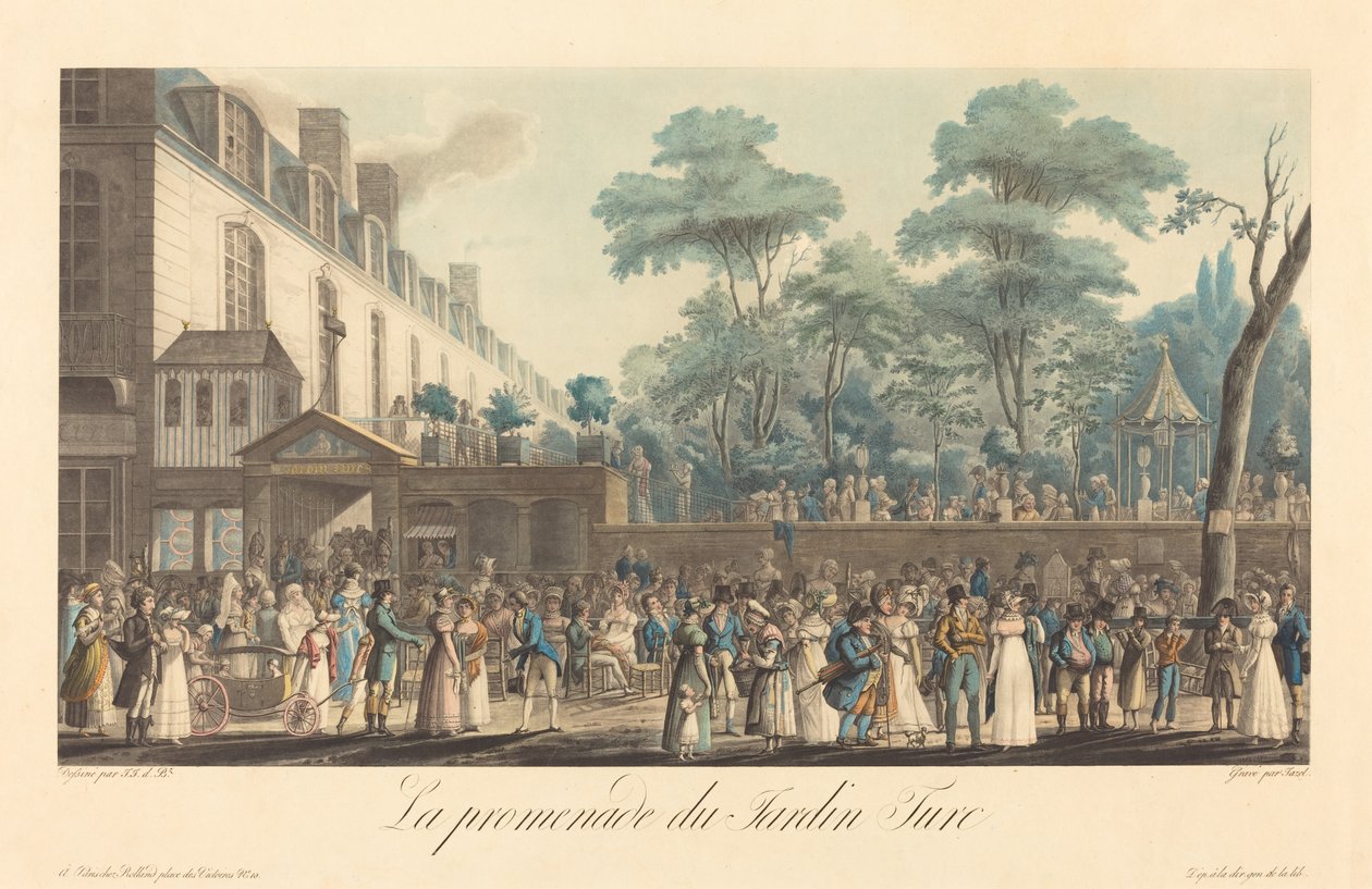 Turen i den tyrkiske hagen av Jean Pierre Marie Jazet after Jean Joseph Bastier de Bez