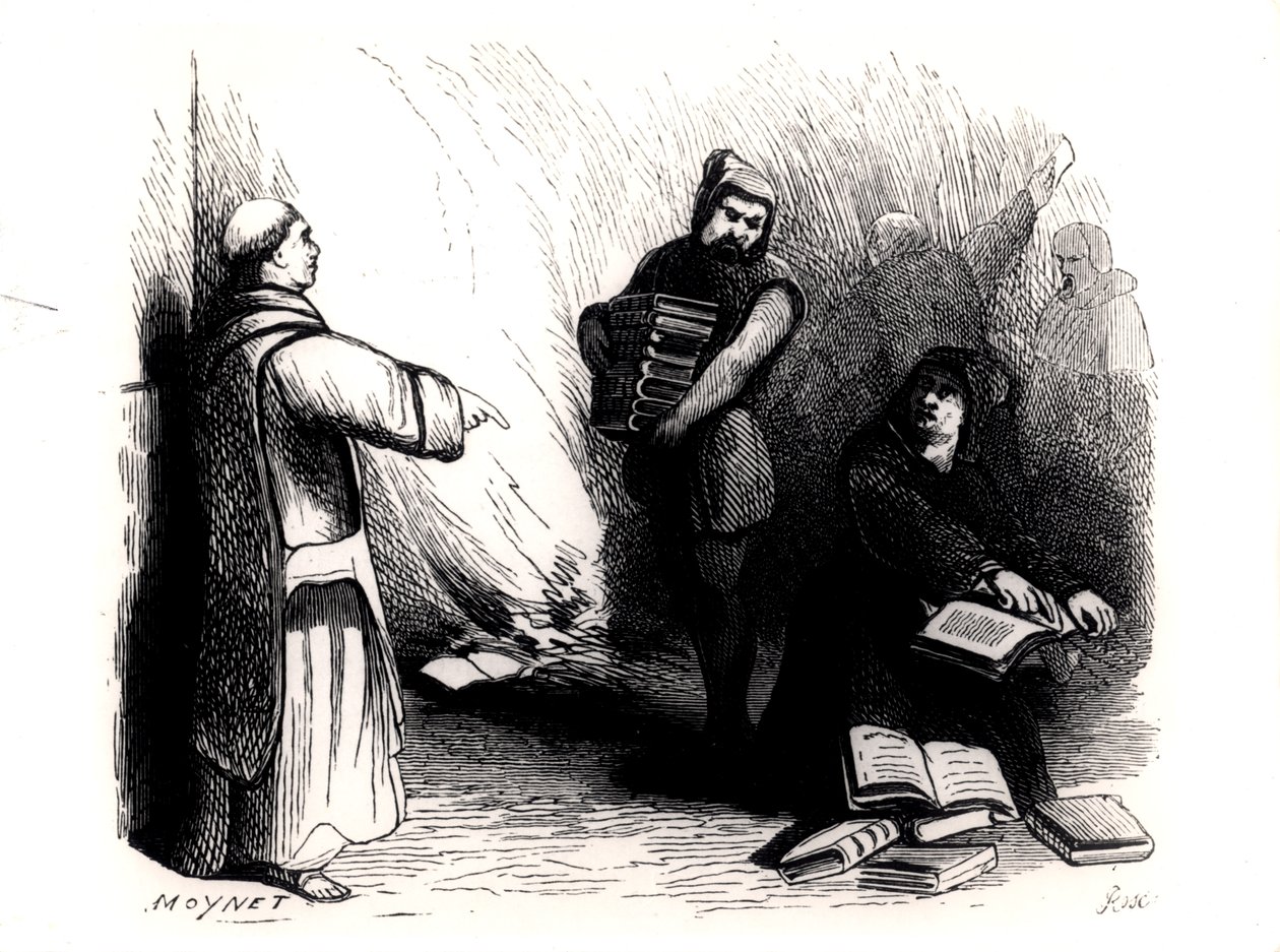 Auto da Fe of Books in Roma bestilt av Index Commission, fra 'Le Secret de Rome au XIXe siecle' av Eugene Briffault, Paris, 1874 av Jean Pierre Moynet