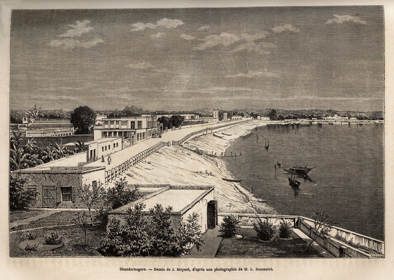 Chandernagor (dagens Chandannagar, i Vest-Bengal), ved bredden av Ganges, gravert etter tegningen av J.Moynet, som illustrerer Rajahs reise i India, i 1864-1868, av Louis Rousselet, publisert i "" Le tour du monde”” 1874, redigert av Jean Pierre Moynet