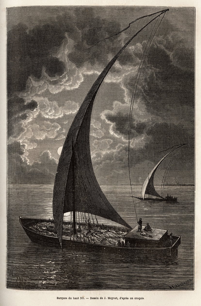 Les barques du haut Nile, redusert mannskap og passasjerer som sover på dekk, i måneskinn, gravering etter J.Moynets tegning, illustrerer reisen til hjertet av Afrika i 1868-1871, av Dr. Georges Schweinfurth, publisert i "" Le tour du monde»» 1874, utg av Jean Pierre Moynet