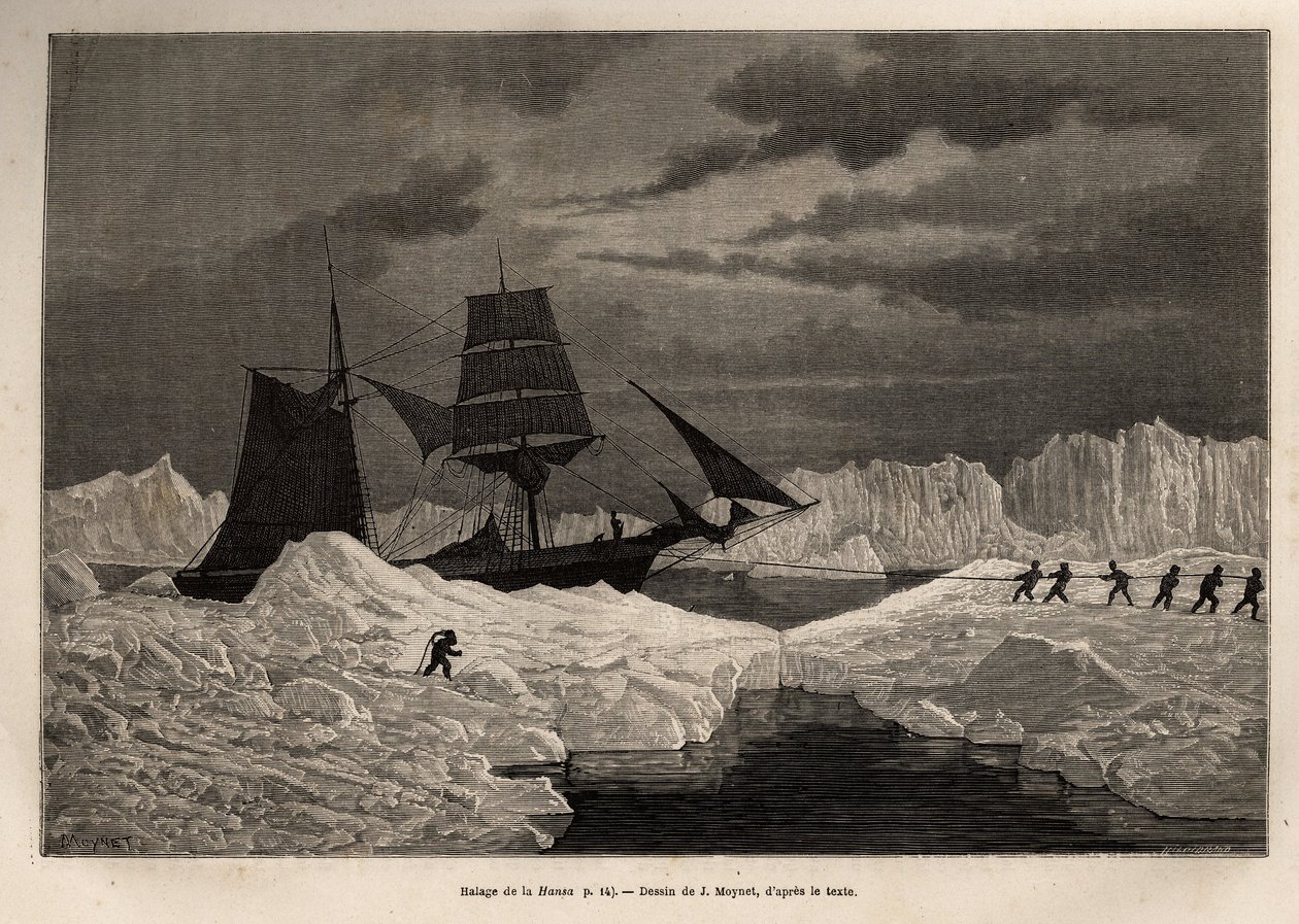 Innhalingen av det tyske skipet La Hansa, av dets mannskap, for å krysse en isbarriere til seilbart farvann, gravert etter J.Moynets tegning, som illustrerer ferden til skipene La Germania og La Hansa til Nordpolen i 1869-1870, av Kaptein Hegemann, forlag av Jean Pierre Moynet