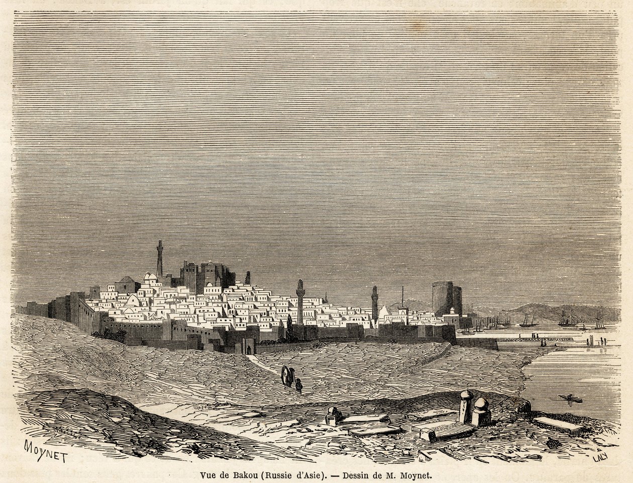 Utsikt over Baku (Russland, Aserbajdsjan), tegning av Mr. Moynet, for å illustrere reisen til kysten av Kaspiahavet, i oktober 1858, av Mr. Moynet. Gravering i "" Le tour du monde, nouveau journal des voyages"" Paris av Jean Pierre Moynet