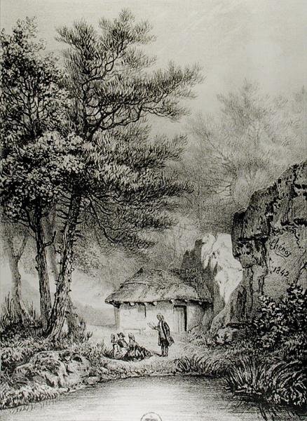 Jean-Jacques Rousseaus (1712-78) hytte i Ermenonville, 1842 av Jean Pierre after Thenot