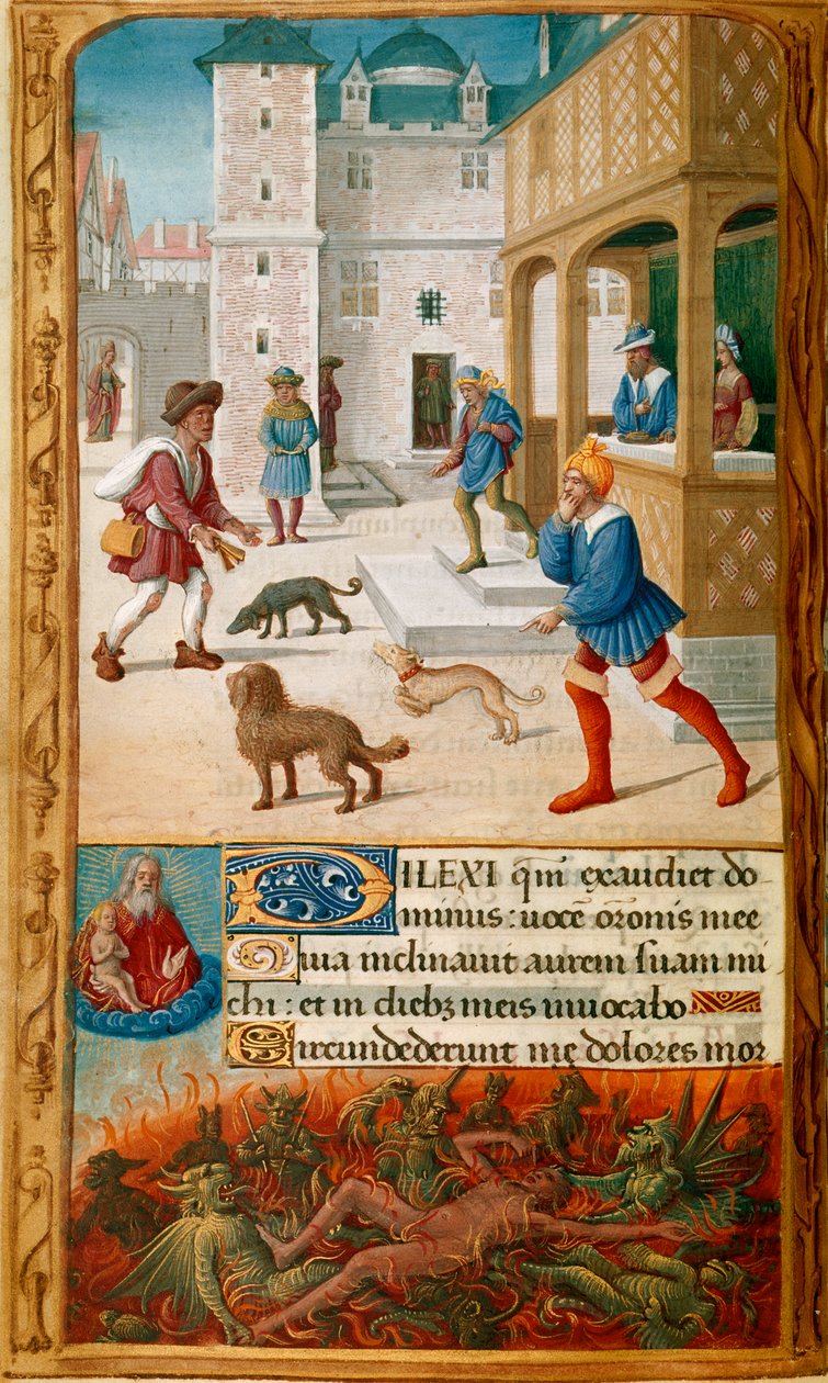 Yates Thompson 5, f.70v, Miniatyr med dykk, fester med sin kone og nærmet seg av Lasarus, i et bybilde, fulgt i den nedre grensen av dykk plaget av demoner og overvåket av Lasarus sjel, som holdes av Gud i himmelen , og dekorert ini av Jean Poyer