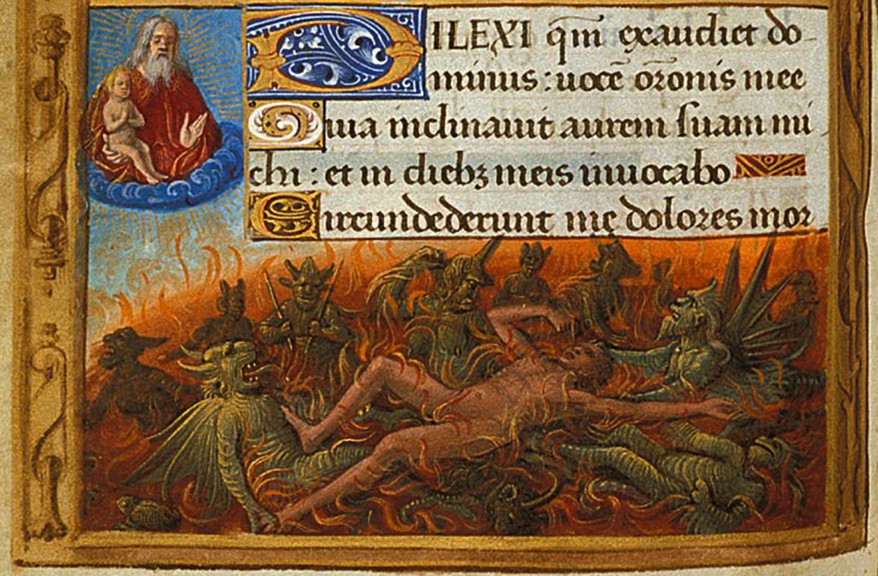 Timebok, detalj: Dykk plaget av demoner og sett av Lasarus sjel, ca. 1500 av Jean Poyet