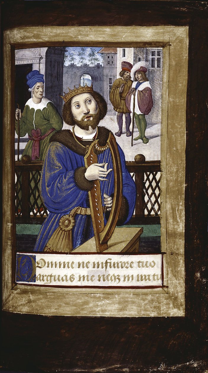 Kong David spiller sin harpe fra Lettres bâtardes, ca 1490-1510 av Jean Poyet