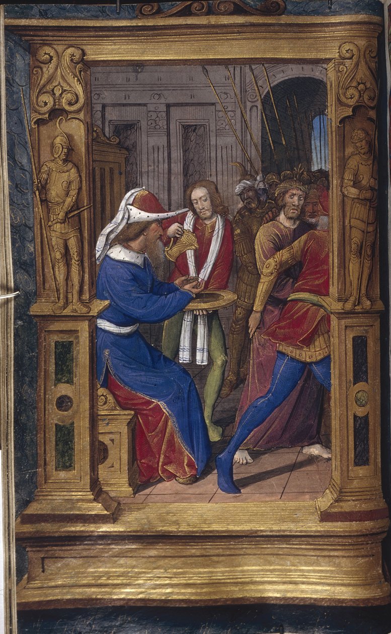 Pilatus vasker hendene fra Bastard Letters, ca 1490-1510 av Jean Poyet
