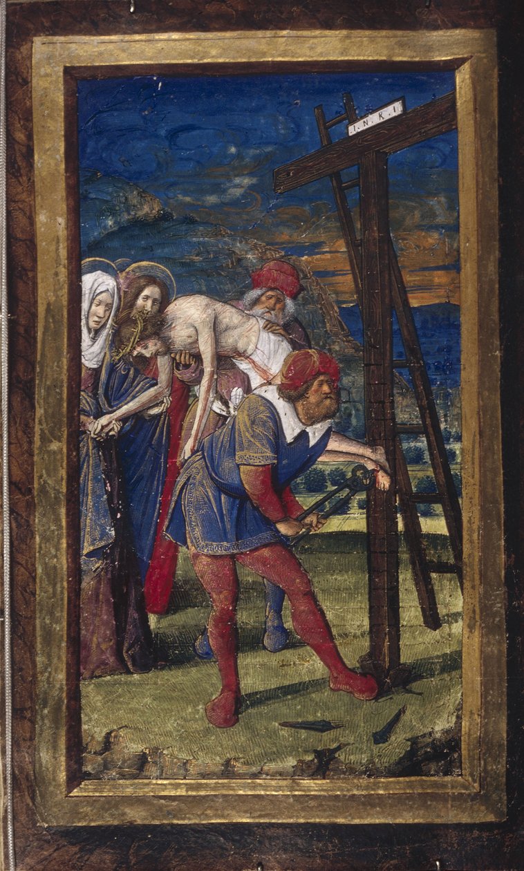 Nedstigningen fra korset fra Lettres bâtardes, ca 1490-1510 av Jean Poyet