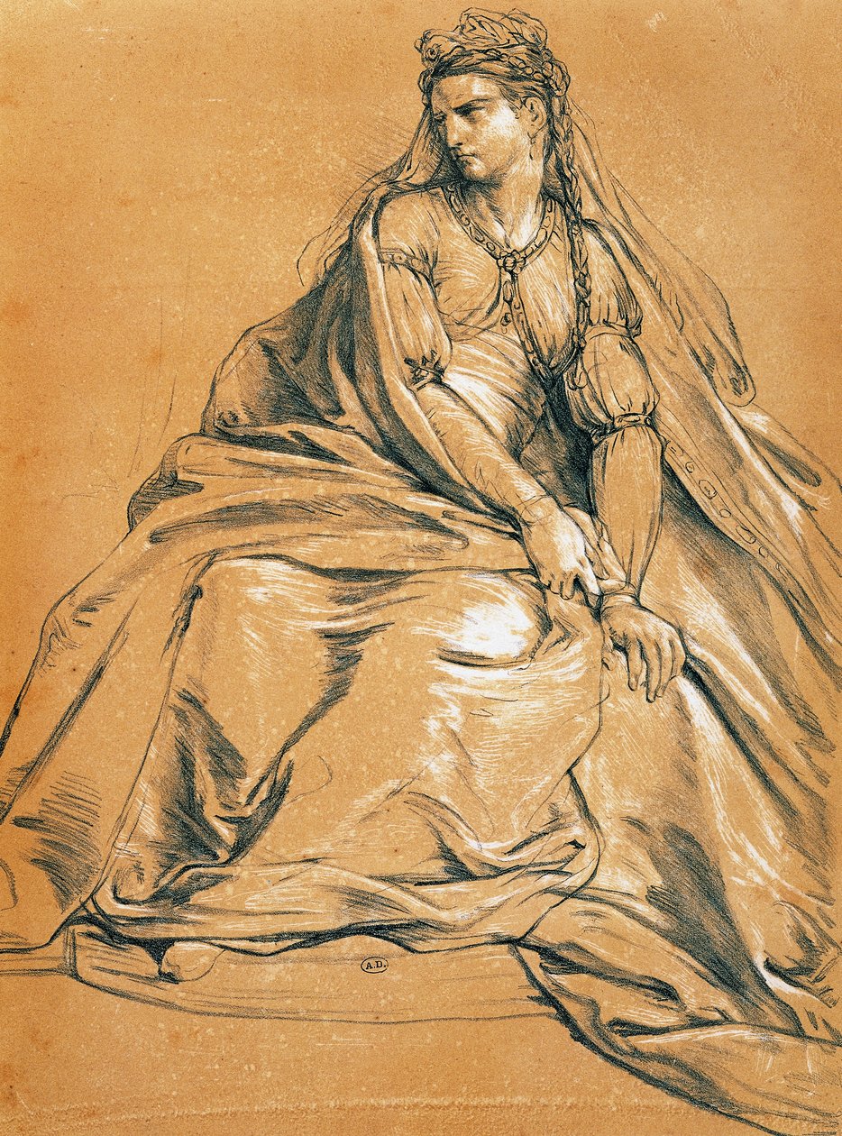Skuespillerinnen Adrienne Lecouvreur (1692-1730) i tittelrollen som Andromaque, av Jean Racine (1639-1699), tegning, Frankrike av Jean Racine