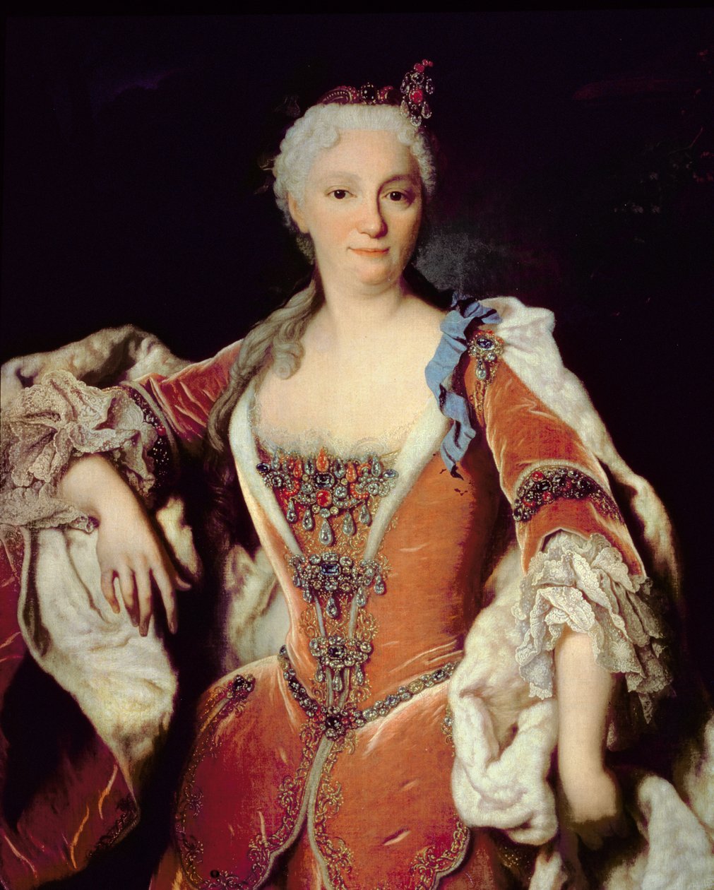 131 0795087/2 Portrett av Elizabeth Farnese (1692-1766) andre kone til Philip V av Spania (olje på lerret) av Jean Ranc