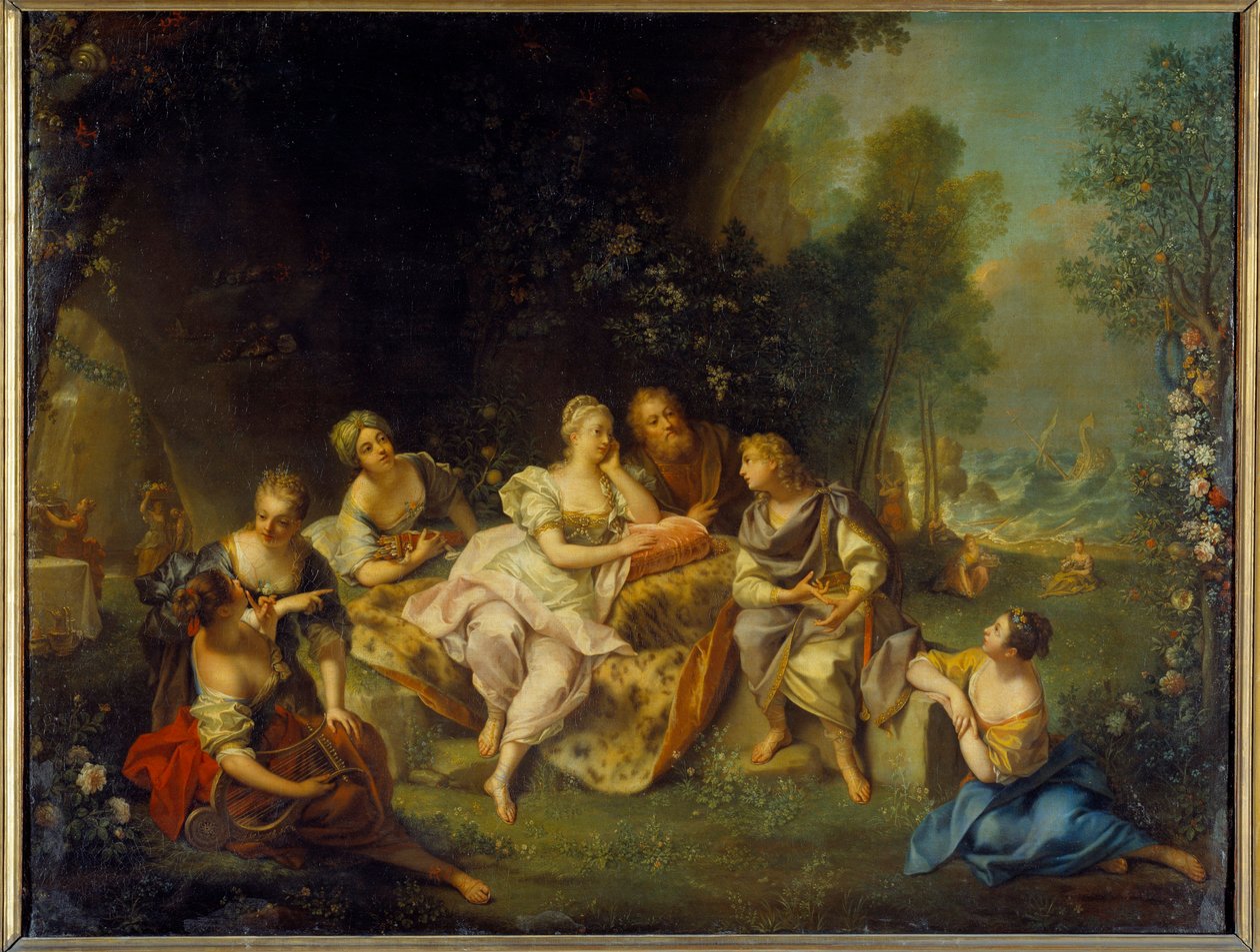 Telemaque forteller sine eventyr i Calypso-illustrasjonen for "The Adventures of Telemaque" av Francois de Pons de Salignac de La Mothe-Fenelon (Mothe Fenelon). av Jean Raoux