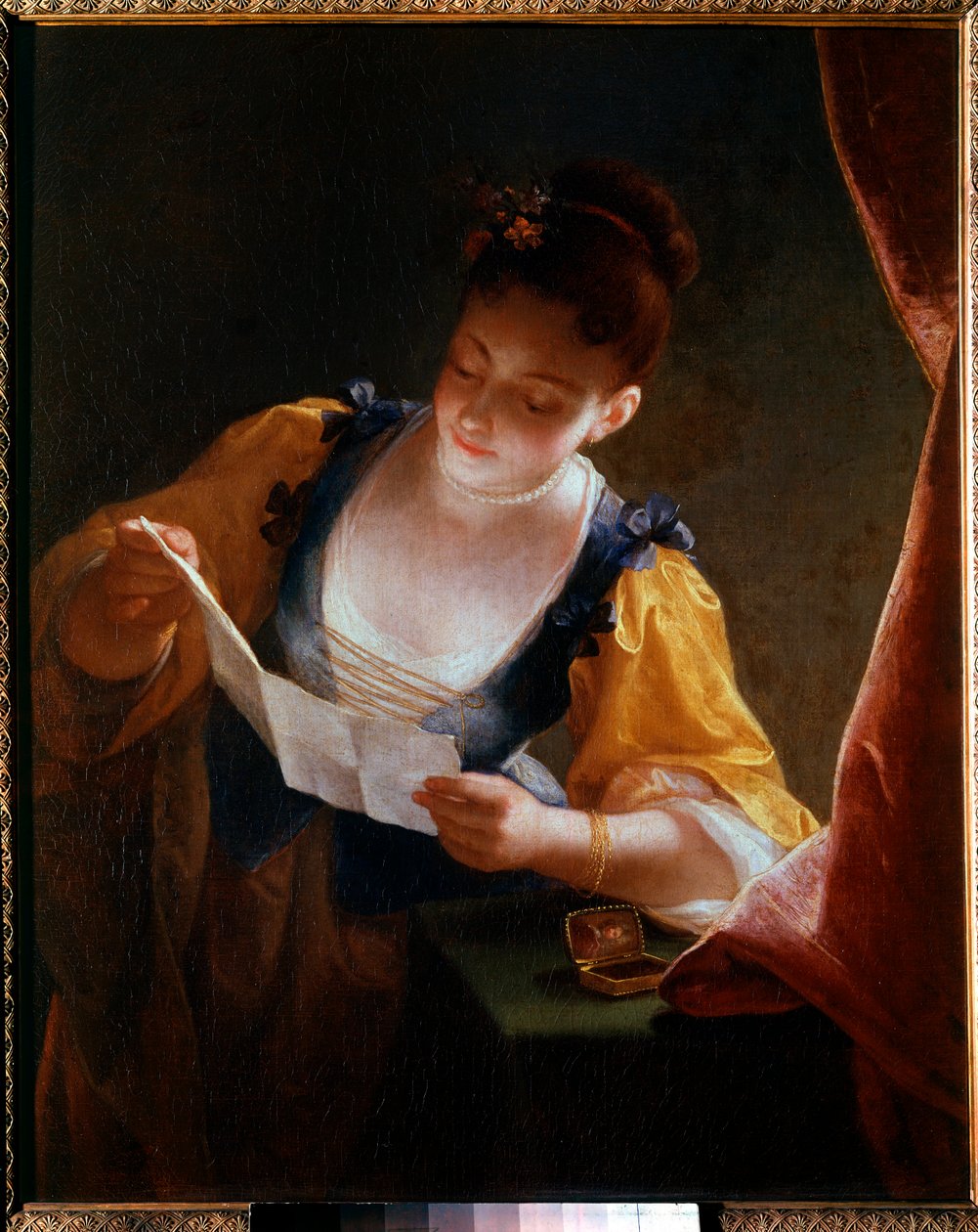Ung kvinne leser et brev Maleri av Jean Raoux (1677-1734) Søn fra 1700-tallet. 0,99x0,81 m av Jean Raoux