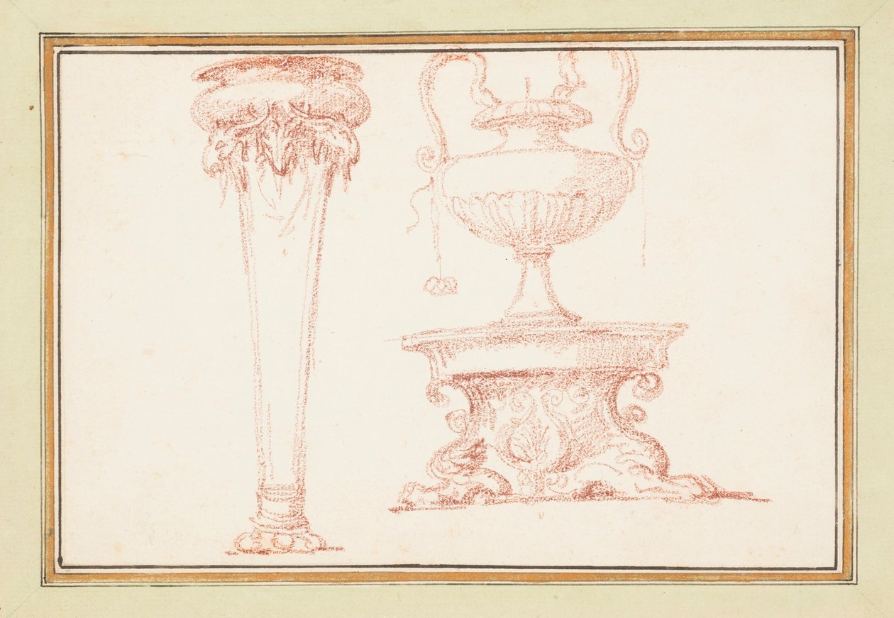 Innbundet tegning, en vase og en lampe på et stativ, i Dessins d#39;Ango Ornements et Architecture (Tegninger av ornamenter og arkitektur av Ango), 1760–69 av Jean-Robert Ango